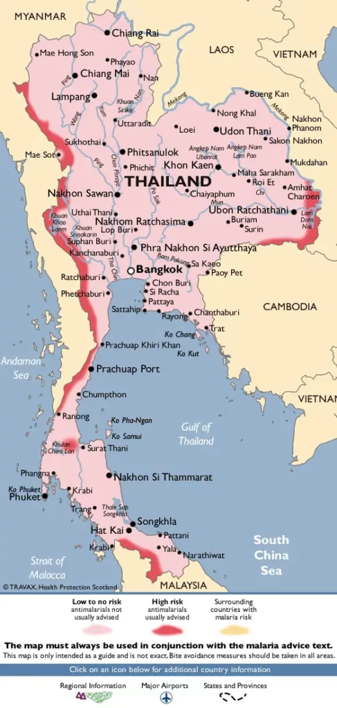 Tajlandia mapa występowania malarii